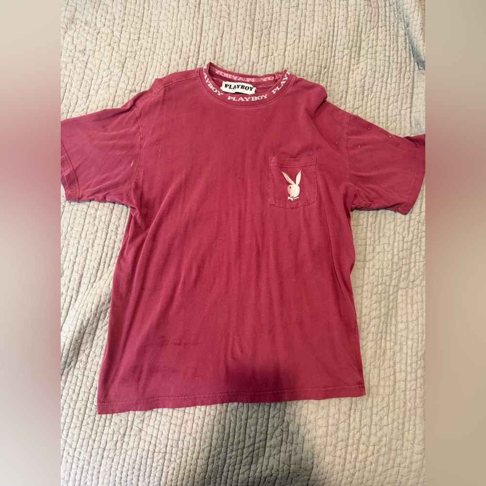 Playboy by Pacsun Maroon Logo Short Sleeved Shirt M